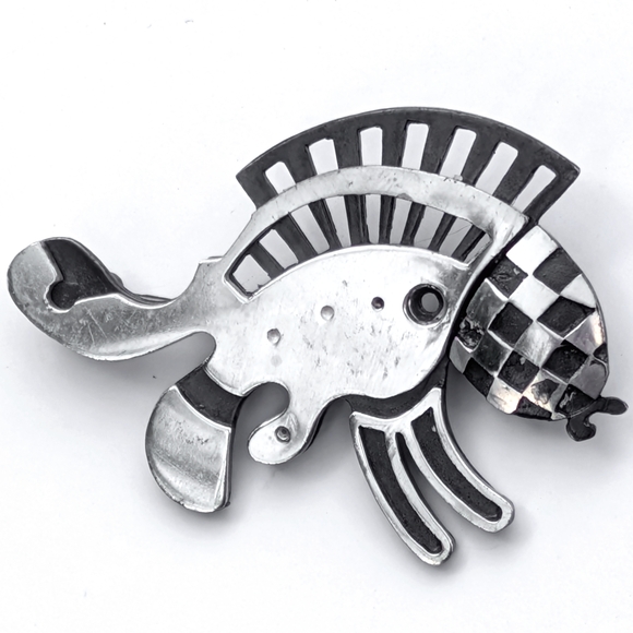 Vintage Jewelry - Vintage Sterling Silver Modernist Brooch Fish Frog Quirky Studio Piece